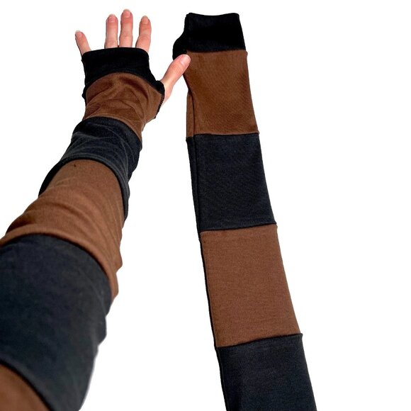 Long Striped Gloves Brown Hand Warmers Black Armwarmers Patchwork Sleeves Warm - Picture 1 of 7